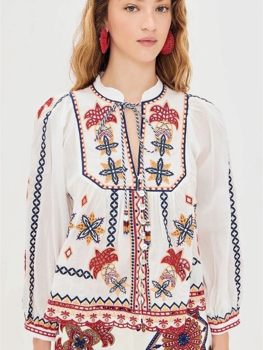 FARM Rio Off-White Palm Tree Embroidered Blouse White & Red - Picture 1 of 3